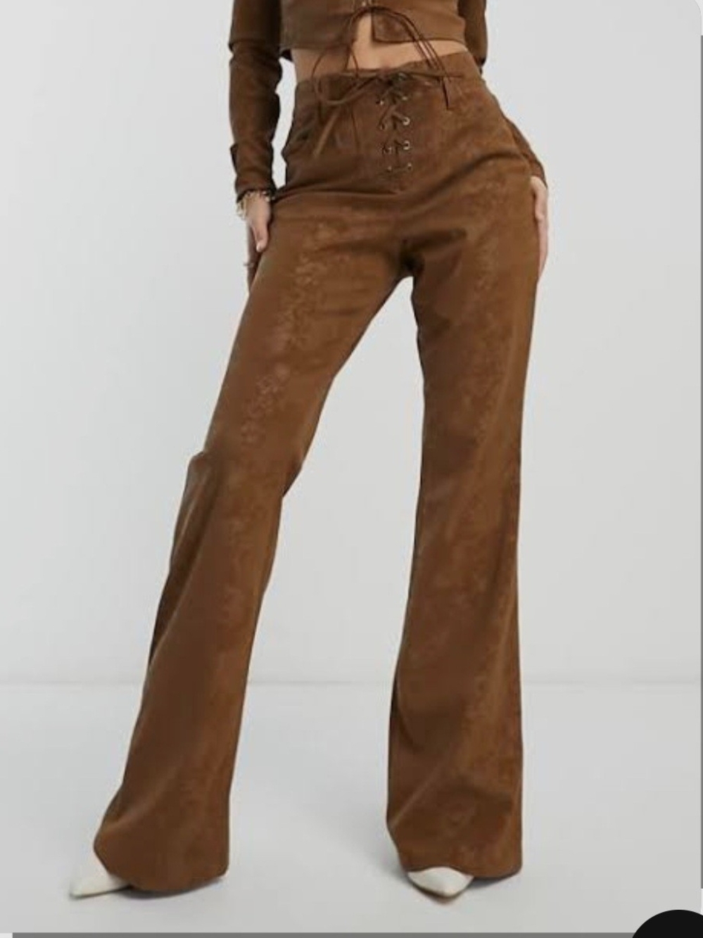 High-Waist Lace-Up Brown Wide-Leg Pants
